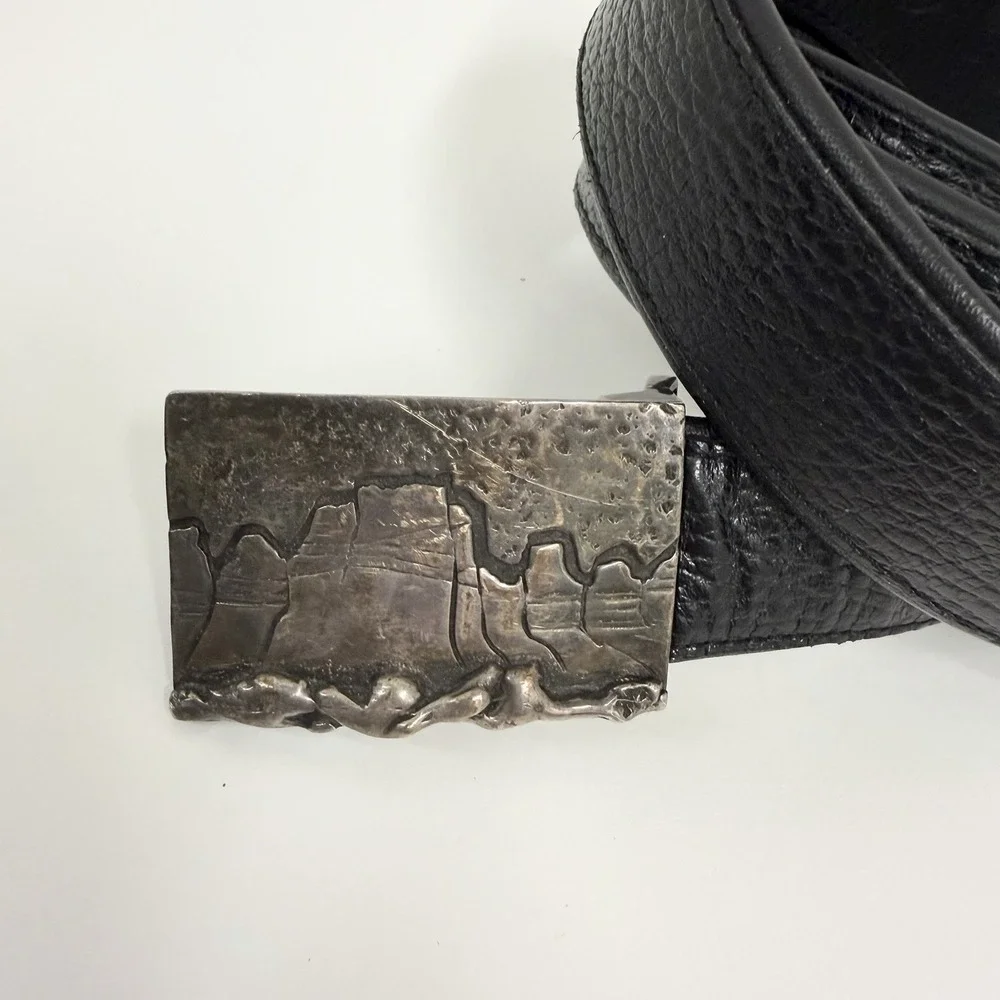 Vintage Sterling QUIN Southwestern Native American Belt Buckle Black Leather Str